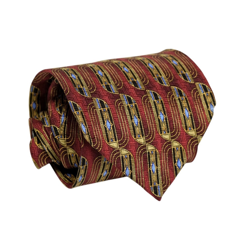 Robert Talbott Studio Silk Tie Red Gold Blue‎ Art Deco Geometric Hand Sewn USA